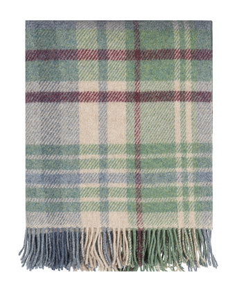 Ierse Plaid van Shetland Wol | Denim Green Camel Burgundy Plaid