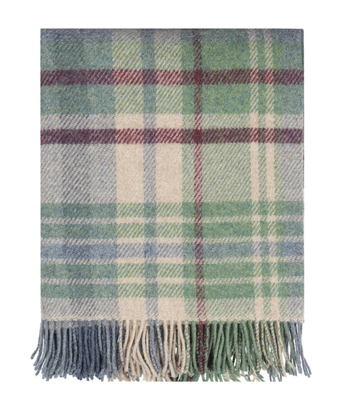 Ierse Plaid van Shetland Wol | Denim Green Camel Burgundy Plaid