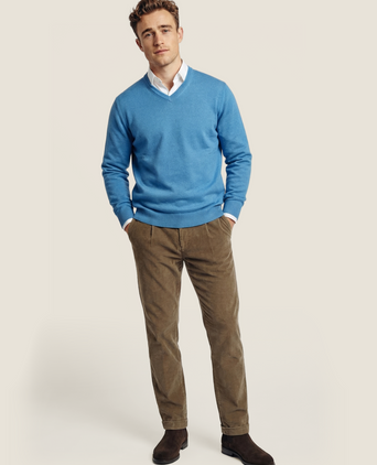 Pullover katoen v-hals | Blauw