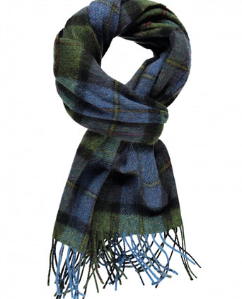 Geruite Lamswollen Sjaal | Denim Green Tartan