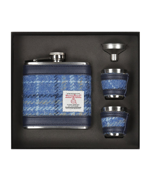 Harris Tweed Hip Flask Gift Set | Blauw