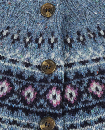 Harley of Scotland Dames Fair Isle Knoopvest | Denim Blauw