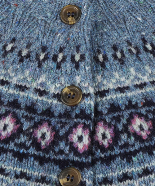 Harley of Scotland Dames Fair Isle Knoopvest | Denim Blauw