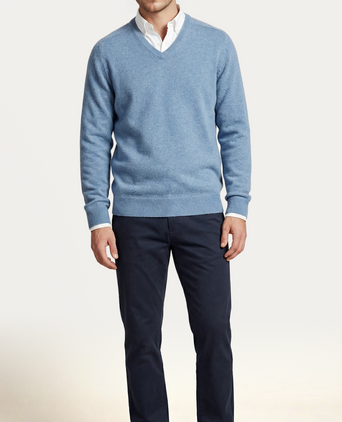 Pullover klassiek Lamswol v-hals | Blauw