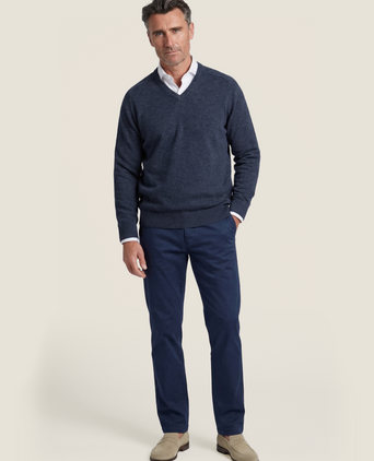 Pullover klassiek Lamswol v-hals | Denim Blauw
