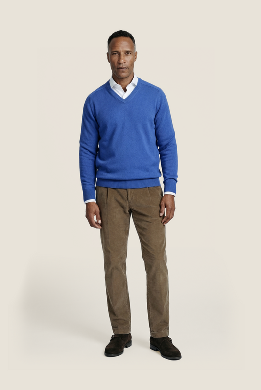 Klassischer Lammwollpullover mit V-Ausschnitt | Blau