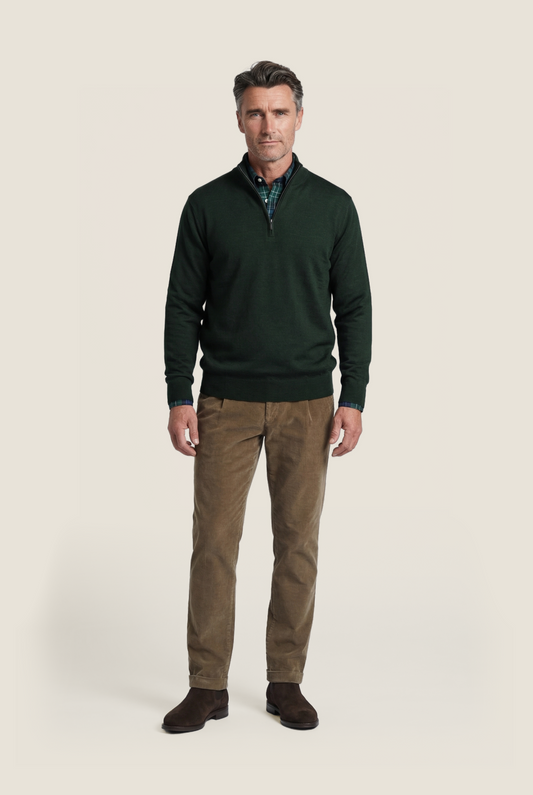 Merino wool sweater with zip collar | Green