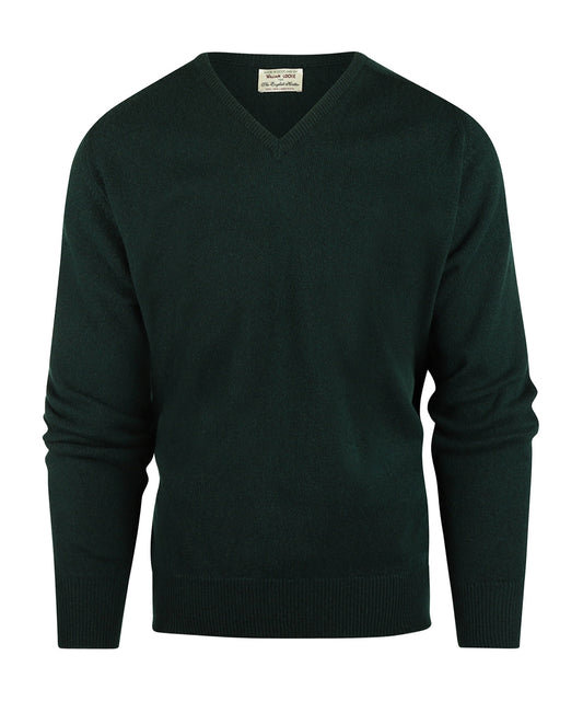 William Lockie V-Ausschnitt-Pullover aus Lammwolle | Tartangrün