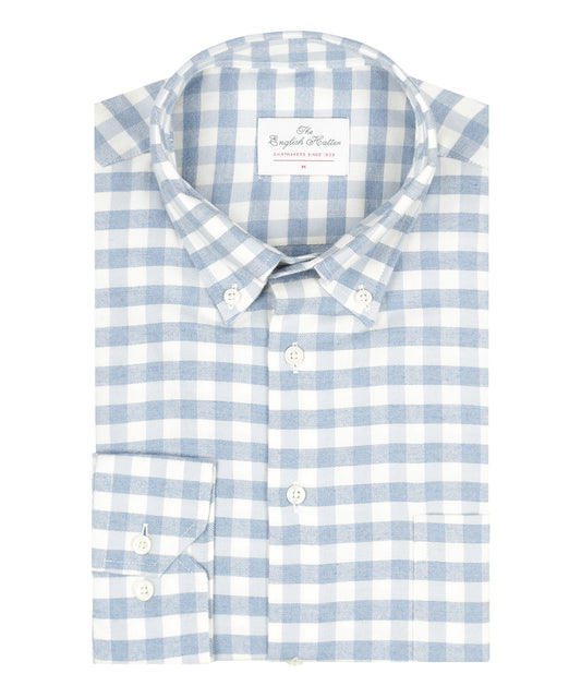 Brushed Cotton Shirt Button Down | Wit Lichtblauw Ruit