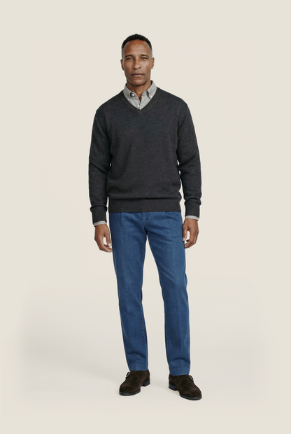 Katoenen V-Hals Pullover | Charcoal