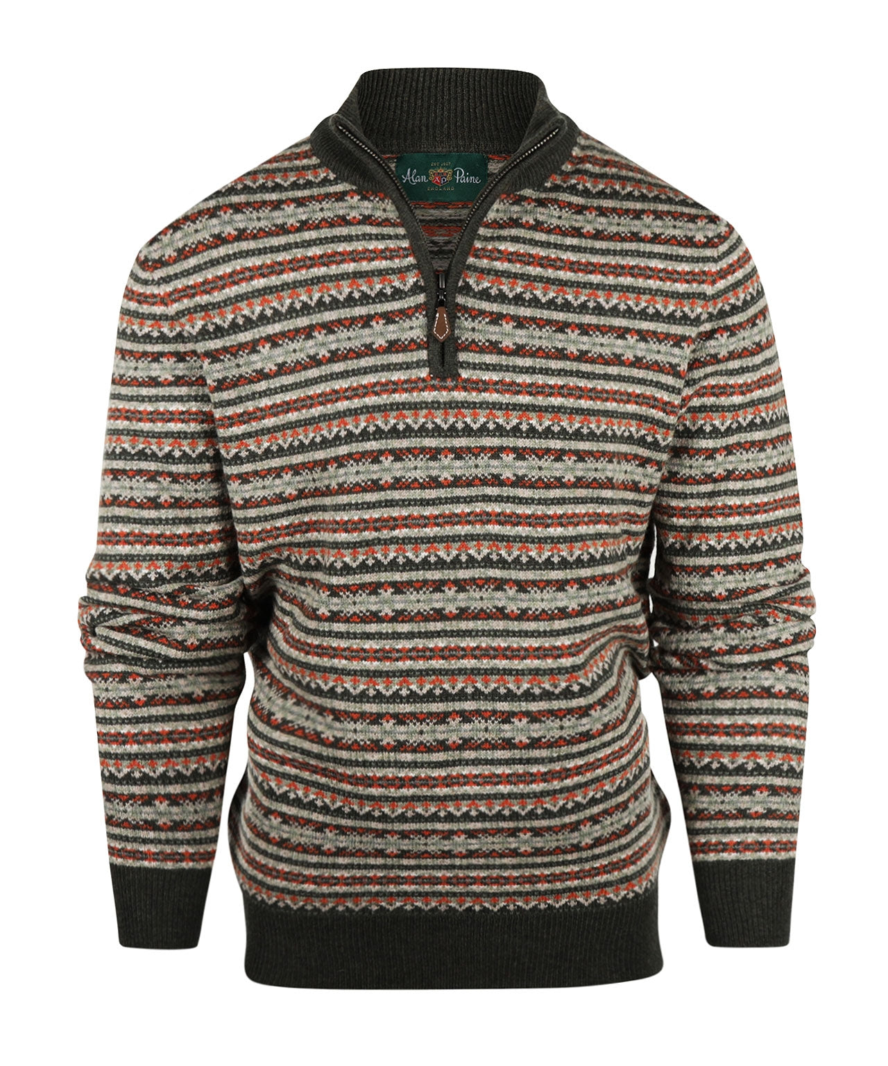 Fairisle Polo Pullover | Seaweed Base/Oranje Design