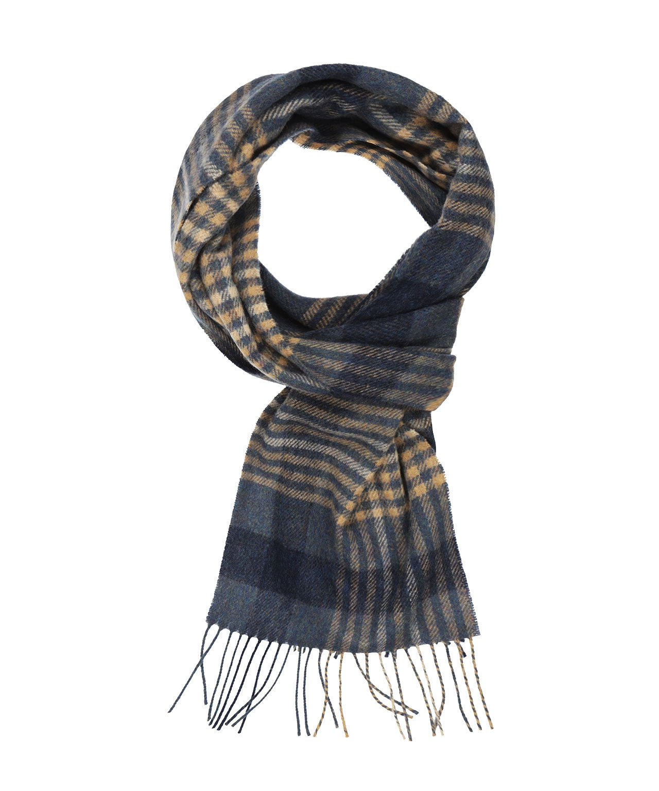 Langer karierter Schal aus Lammwolle | Denim Marineblau Beige Schwarz Karo