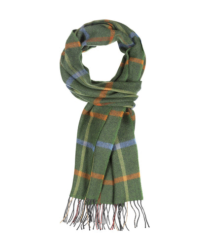 Merino Luxury Wool Scarf | Olijfgroen lichtblauw oranje ruit