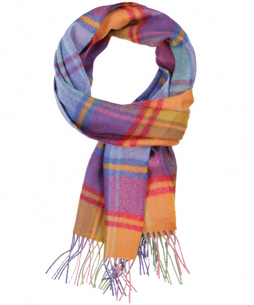 Merino Luxery Wool Scarf | Orange Pink Blue Check