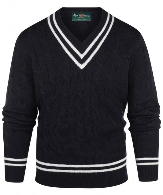 Cricket-Pullover mit V-Ausschnitt aus Merinowolle | Marineblau
