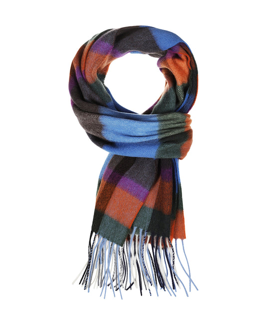 Sjaal 100% Cashmere | Blauw Oranje Multi Blok Ruit