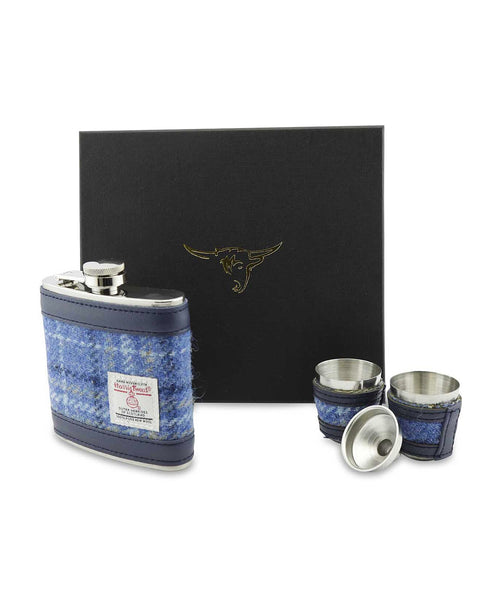 Harris Tweed Hip Flask Gift Set | Blauw