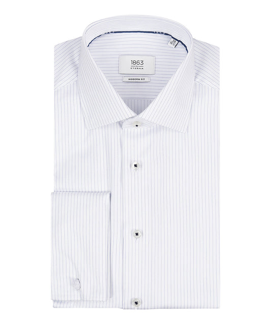 Shirt Dubbele Manchet | Wit ministreep Lichtblauw