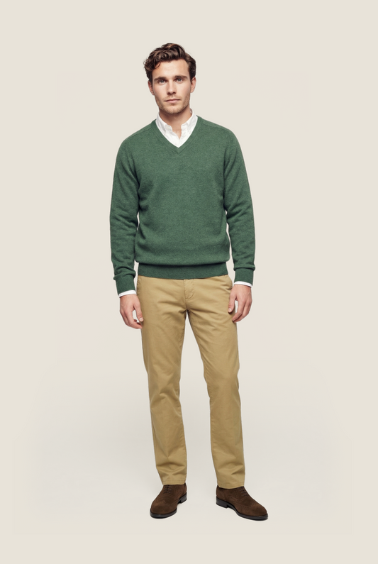 Lamswol V-Hals Pullover | Groen Melange