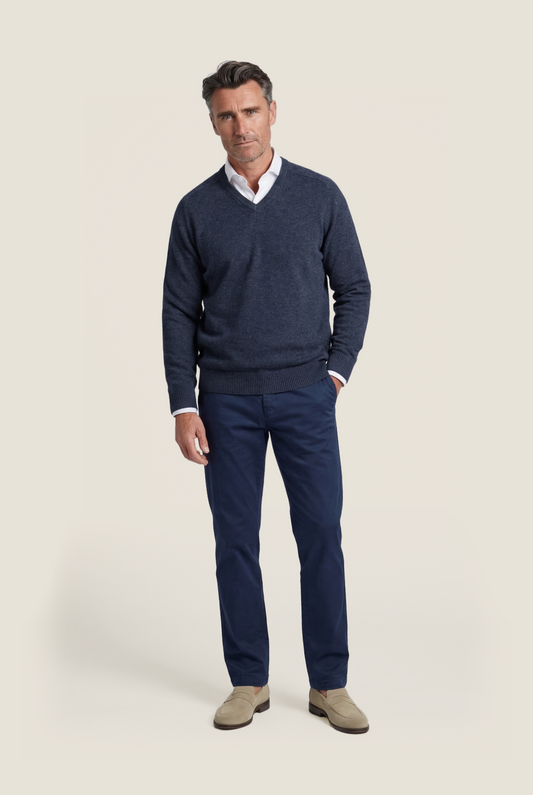 Lamswol V-Hals Pullover | Blauw Grijs