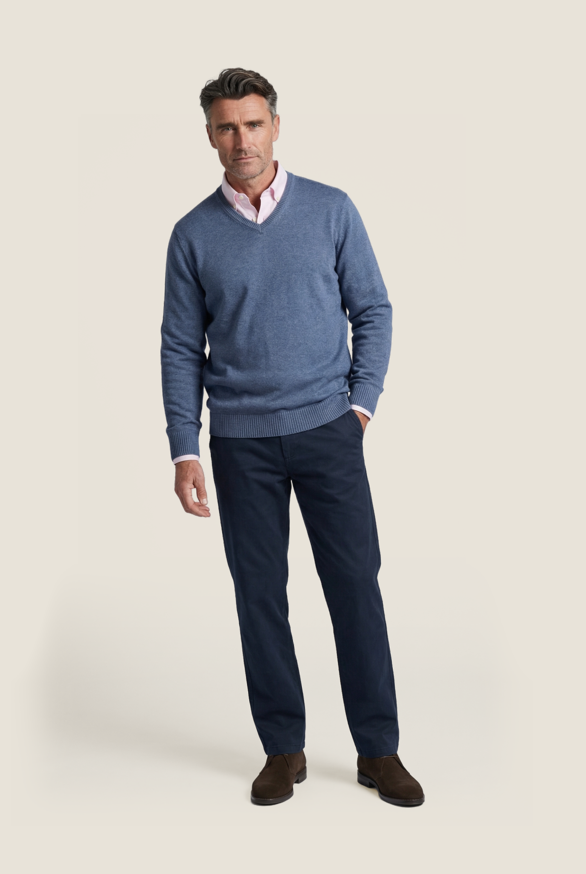 Katoenen V-Hals Pullover | Light Indigo