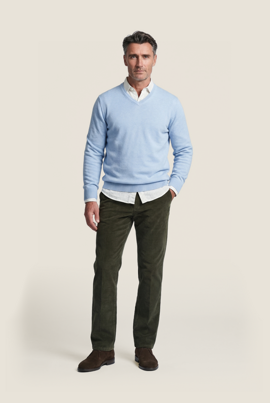 Katoen V-Hals Pullover | Licht Blauw