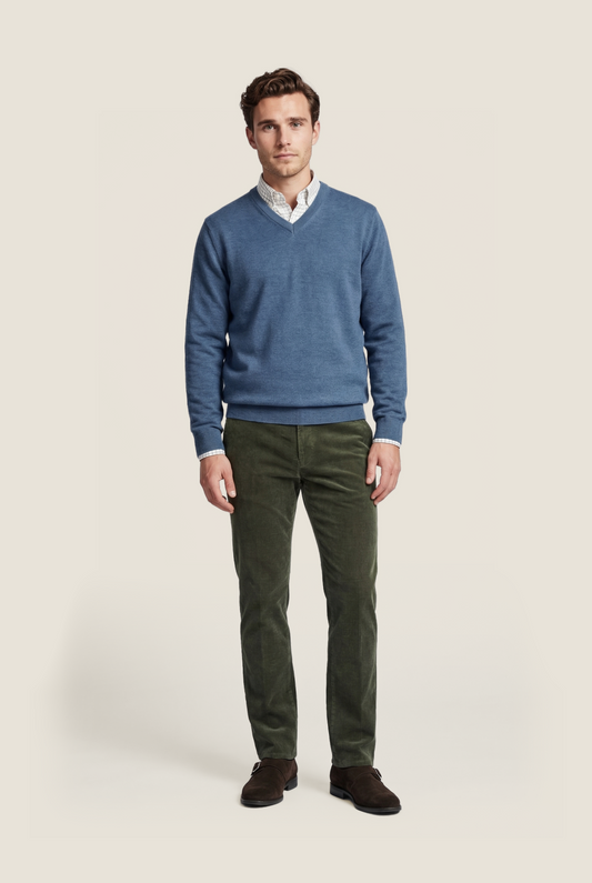 Pullover aus Merinowolle mit V-Ausschnitt | Blau-Mix