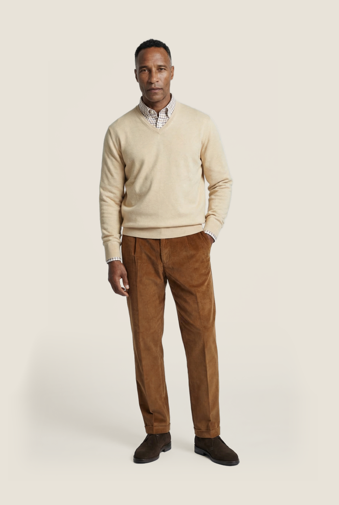 Pullover mit V-Ausschnitt, Baumwolle/Kaschmir | Beige