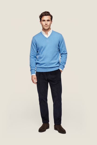 V-Ausschnitt-Pullover aus Baumwolle/Kaschmir | Blau