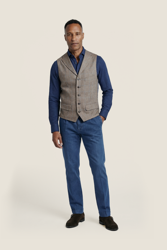 Gilet Zijde | Bruin melange/Lichtblauwe ruit